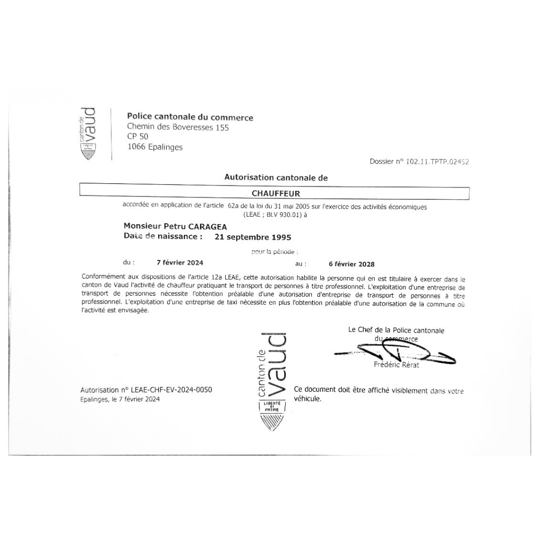 Official Passenger Transport License — Transfer Confort Line